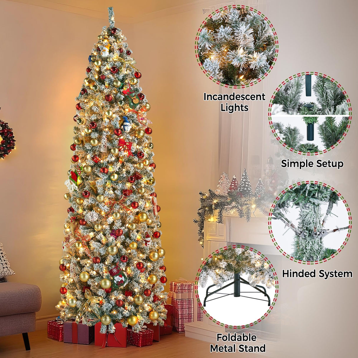 Yaheetech 9ft Pre-lit Snow Flocked Pencil Christmas Tree Kingswood Fir Hinged Slim Skinny Corner Xmas Tree Holiday Decoration with 350 Incandescent Warm White Lights & 1086 Snow Branch Tips, White Yaheetech
