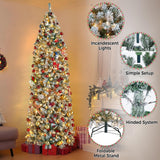 Yaheetech 9ft Pre-lit Snow Flocked Pencil Christmas Tree Kingswood Fir Hinged Slim Skinny Corner Xmas Tree Holiday Decoration with 350 Incandescent Warm White Lights & 1086 Snow Branch Tips, White Yaheetech