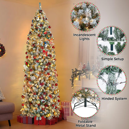 Yaheetech 9ft Pre-lit Snow Flocked Pencil Christmas Tree Kingswood Fir Hinged Slim Skinny Corner Xmas Tree Holiday Decoration with 350 Incandescent Warm White Lights & 1086 Snow Branch Tips, White