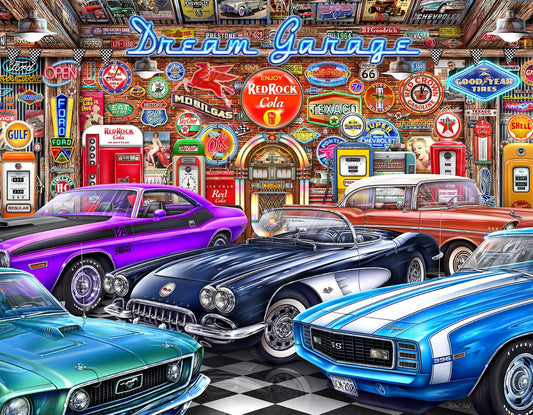 Springbok's Dream Garage 2000 Piece Puzzle for Adults is a Classic Car Lovers Dream Featuring Muscle Cars in a Classic Garage