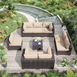 ALAULM 9 Pieces Patio Furniture Set Outdoor Sectional Sofa Sets Brown PE Rattan Patio Conversation Sets w/8 Sand Seat Cushions and 1 Coffee Table ALAULM