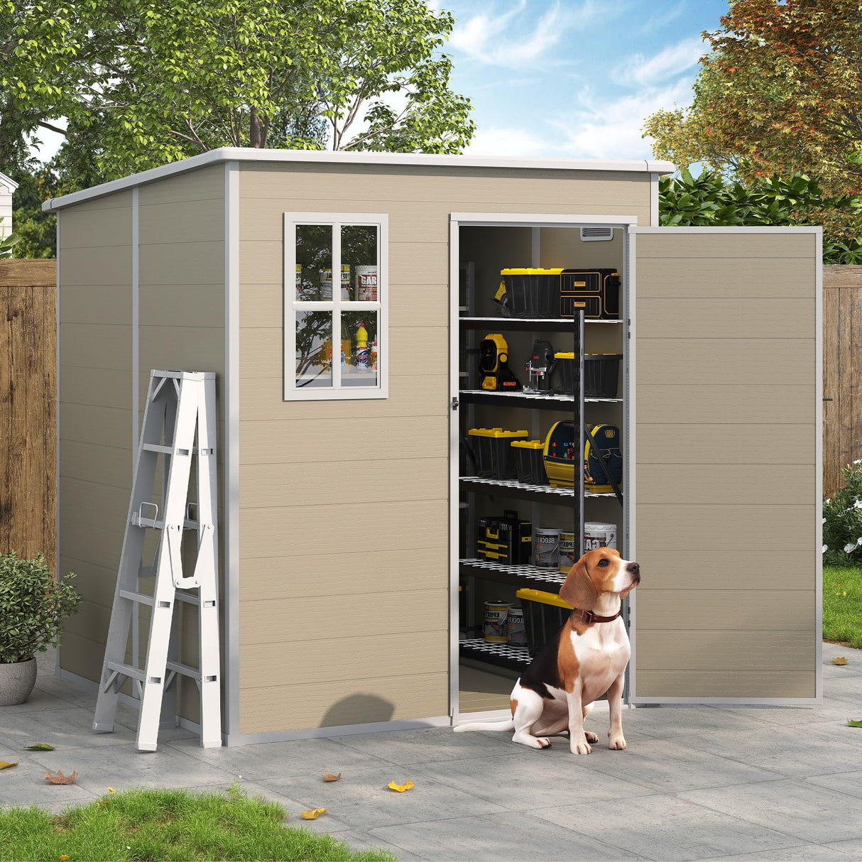 VONZOY Outdoor Storage Shed, 6x6 FT Resin Shed with Floor and Lockable Door, Window & Vents, Tool Sheds & Outdoor Storage for Bike, Garden Accessories, Tools, Waterproof (Light Brown) VONZOY