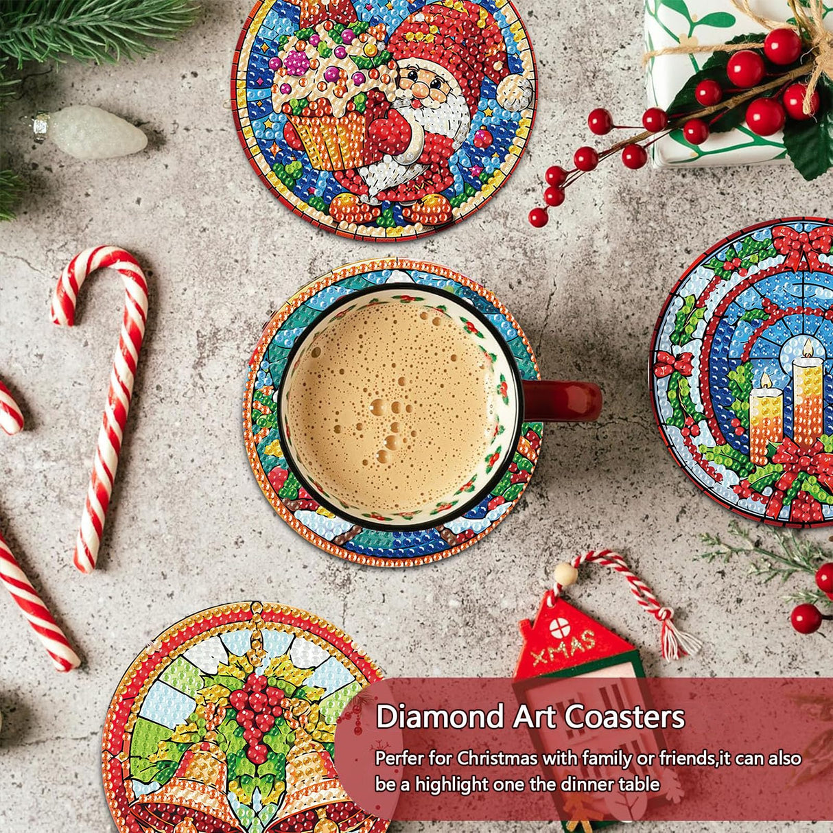 8 Pack Christmas Diamond Art Coasters Kit - Christmas Diamond Painting Coasters Kit Set with Holder Cork Pads, Diamond Art Kits for Adults Coaster, Gift for Handmade Lovers Non-Slip 3.9inch ajepon
