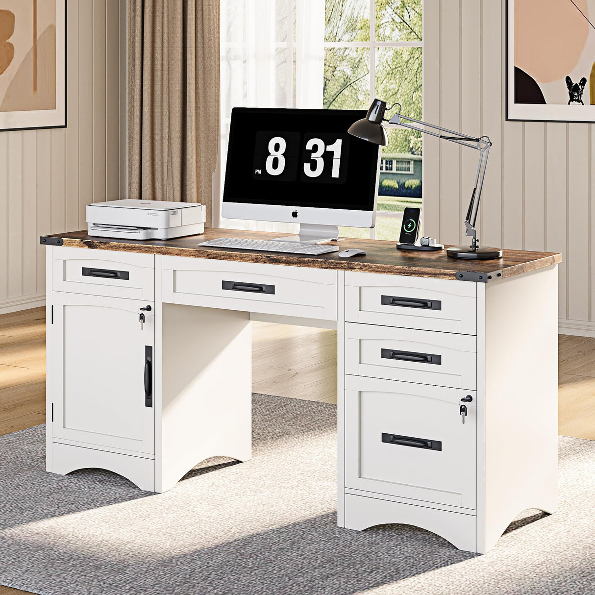 Decofy Farmhouse Executive Desk with Drawers, 55" Home Office Desks with Fast Charging Station, Lockable File Cabinet, Wood Writing Computer Desk for Work, Study, White Decofy