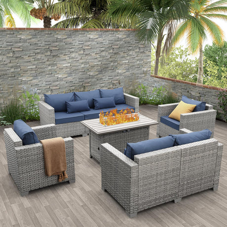 WAROOM Patio Furniture Set 5 Piece Grey Wicker Outdoor Furniture with Fire Pit Table, Patio Sectional Sofa Couch Sets Backyard Deep Seating PE Rattan Chairs, Navy Blue Cushion WAROOM