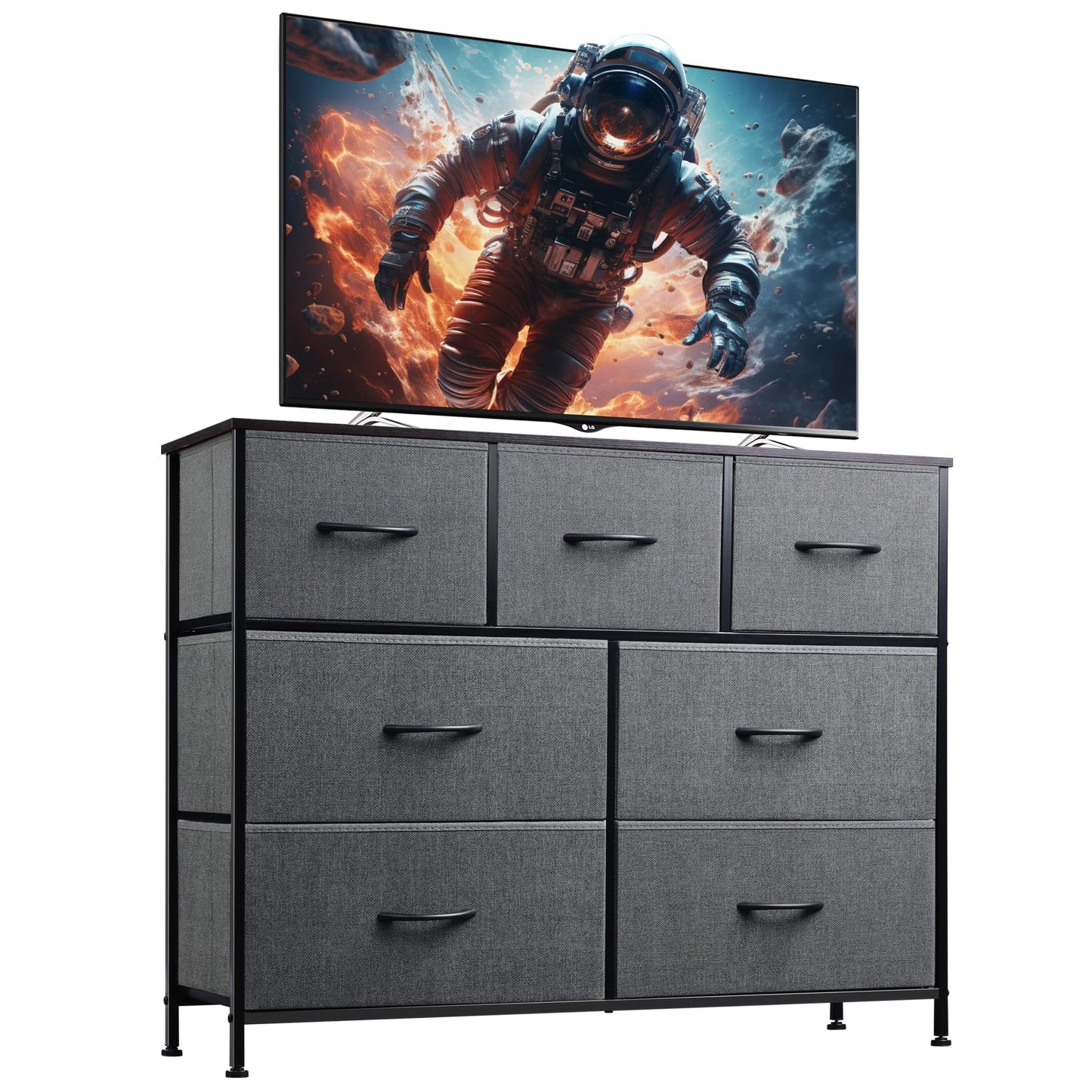 WLIVE Dresser TV Stand, Entertainment Center with Fabric Drawers, Media Console Table with Metal Frame and Wood Top for TV up to 45 inch, Chest of Drawers for Bedroom, Dark Grey