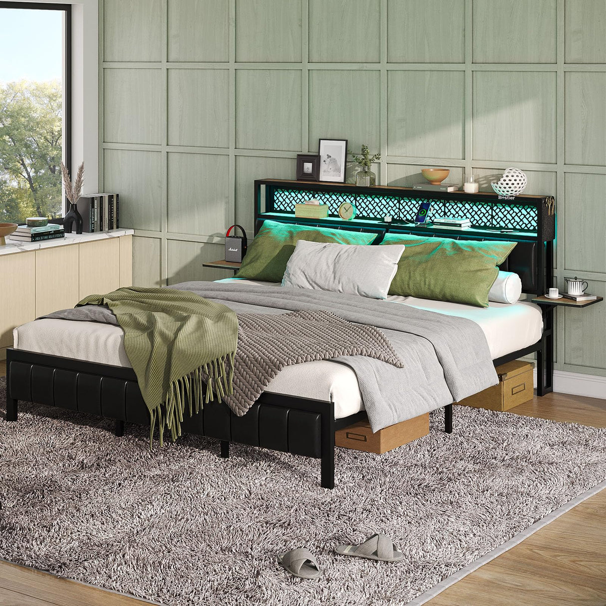 Bestier Queen Bed Frame with Upholstered Headboard, Charging Station & LED Lights - Walnut Bestier