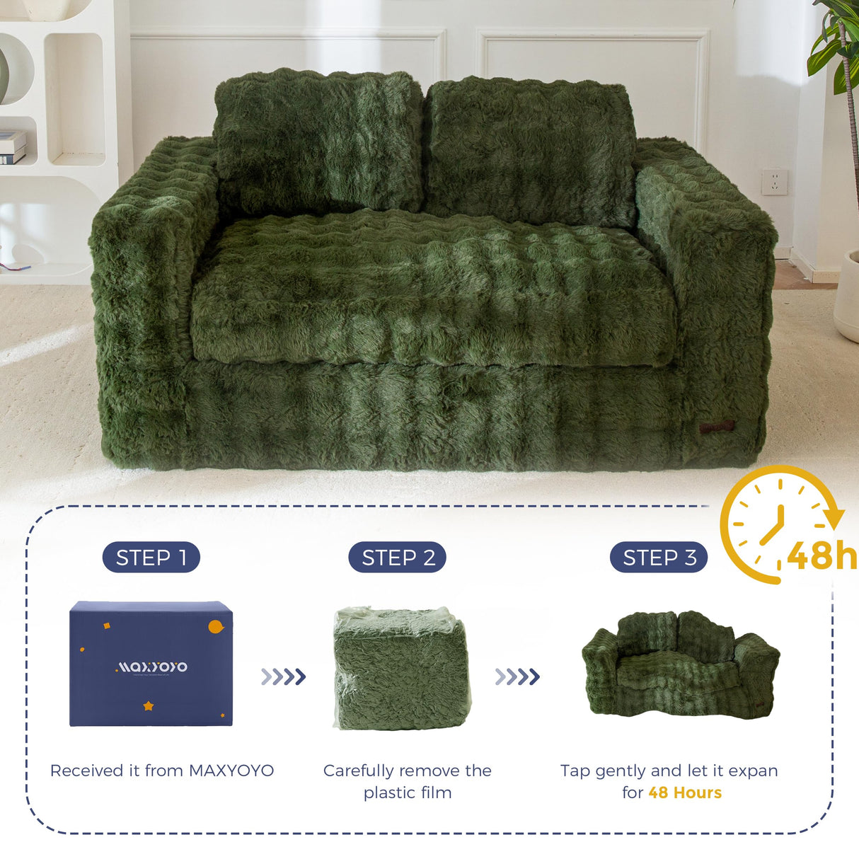MAXYOYO Loveseat Sofa for Living Room, Small Sofa Couch Tufted Boneless Couch, Comfy Bean Bag Chair for Small Space Bedroom Apartment, No Assembly Needed, Green MAXYOYO