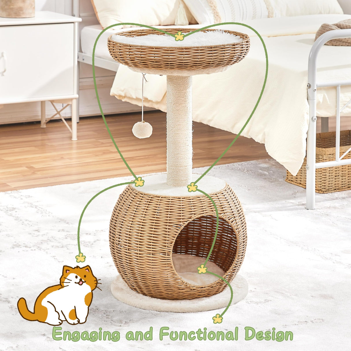 Yaheetech Cat Tree, 29.5in Rattan Cat Climbing Tower for Indoor Cats w/Scratching Post, Woven Rattan Cat Condo and Soft Cushion Top Perch, Luxury Cat House for Cats Kittens Yaheetech