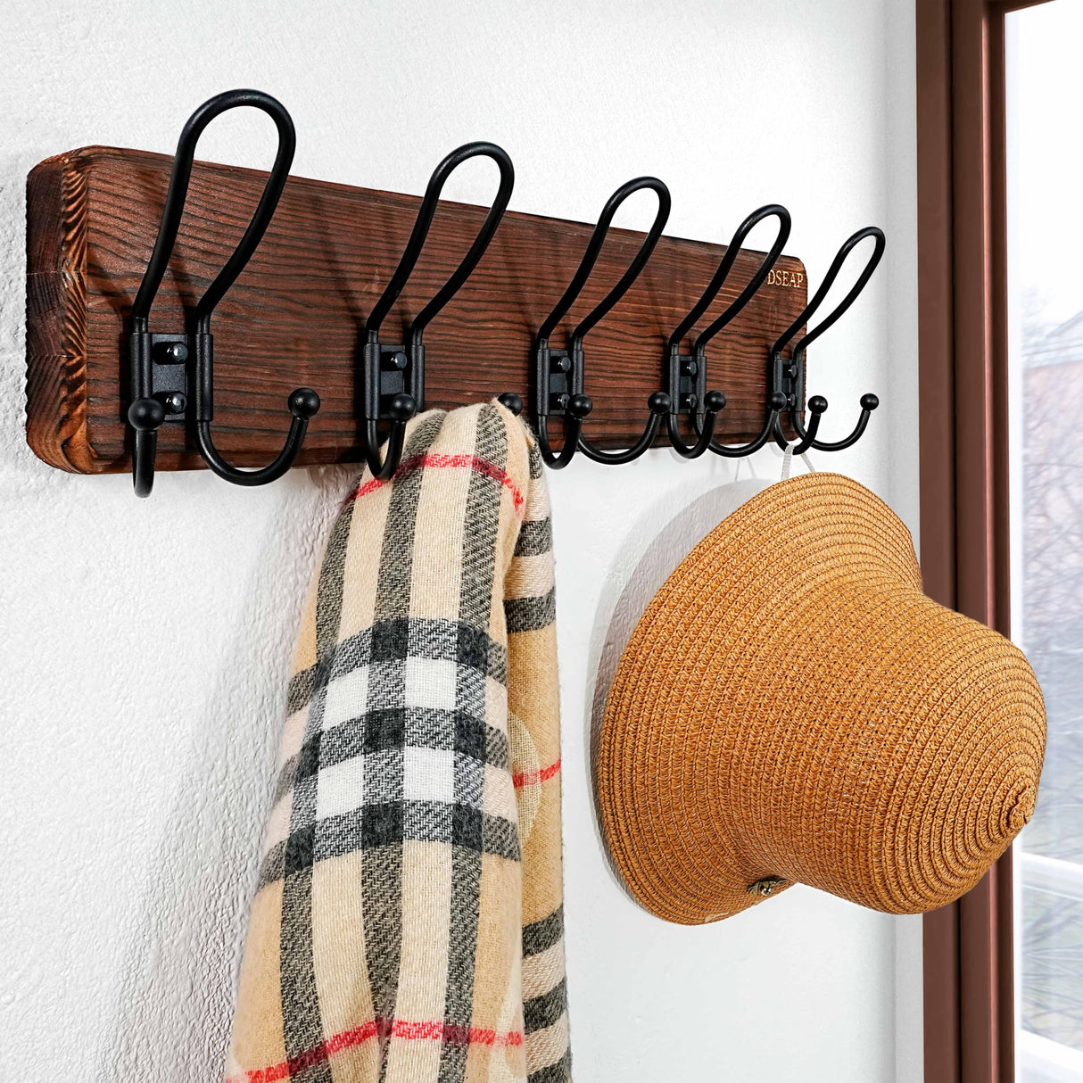 Dseap Coat Rack Wall Mounted - Heavy Duty Farmhouse Rustic Wall Coat Hanger with 5 Wire Hooks for Clothes Hat Jacket Towel, RusticWire, J1-5A, Rustic Brown & Black Dseap