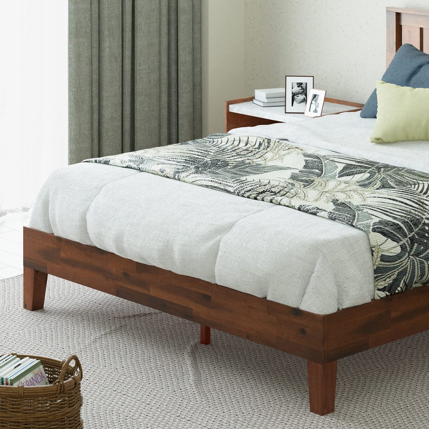 Vivek Deluxe Solid Wood Platform Bed Frame with Headboard in Antique Espresso - WoodArtSupply