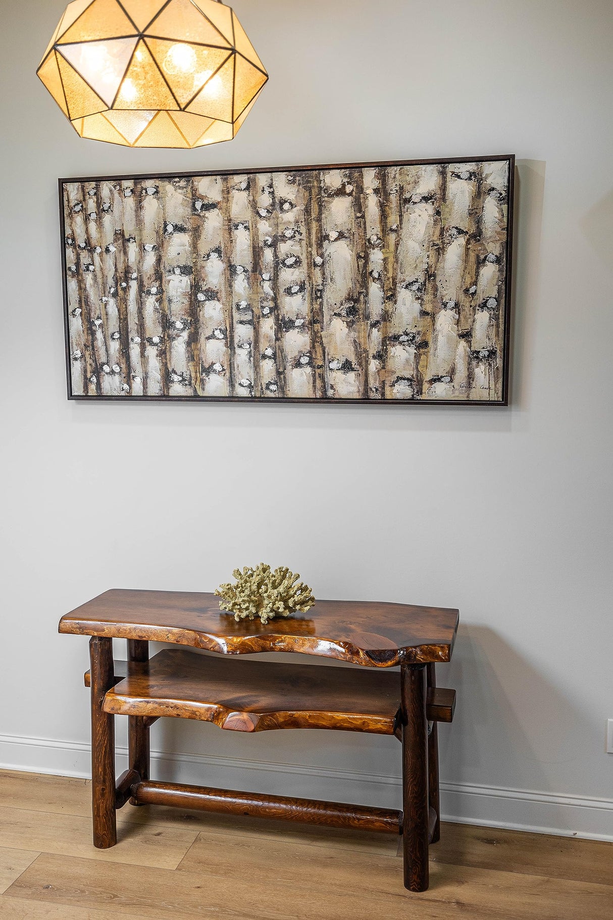 Rustic Log Live Edge Wooden Console Sofa Table for Entryway with Shelf Storage (Honey Pine) Southern Rustic Logwerks