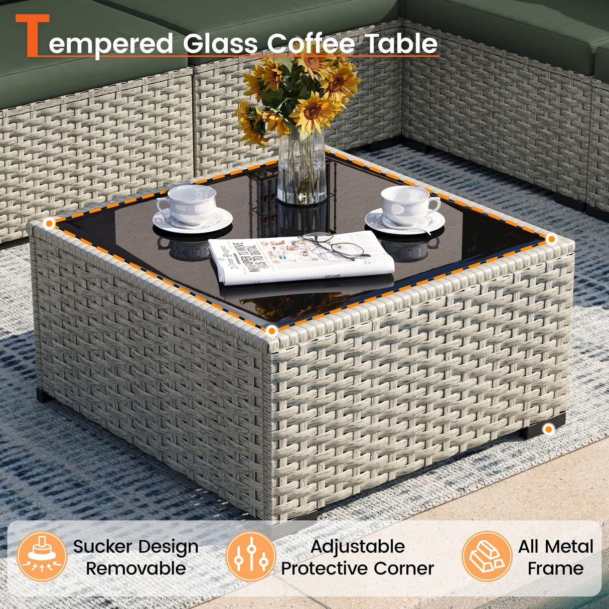 VONZOY Patio Furniture Set, 7-Piece Outdoor Sectional All-Weather Wicker Patio Conversation Set for Backyard (Green Cushions with Grey Rattan) VONZOY