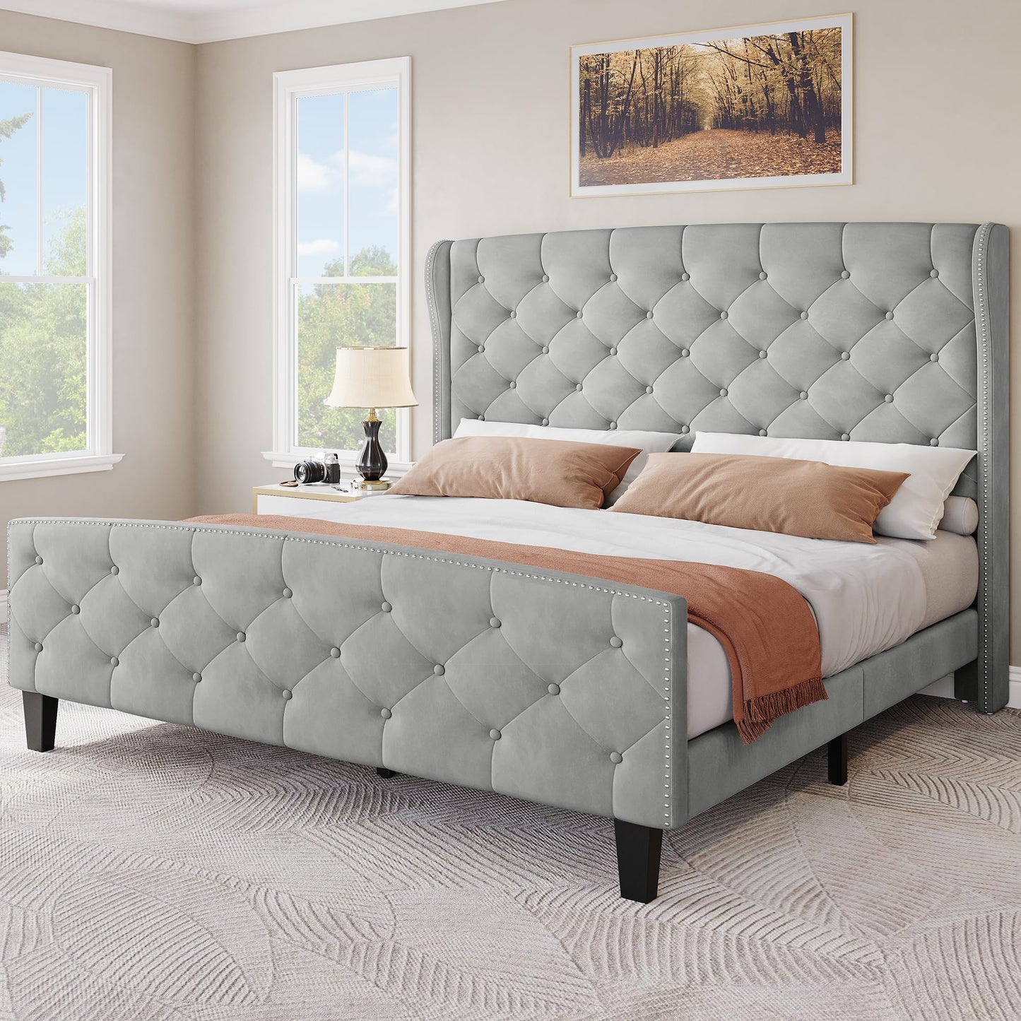 YITAHOME King Size Upholstered Bed Frame, Velvet Platform Bed with Deep Button Tufted Headboard & Nailhead Trim Wingback Footboard, No Box Spring Needed, Easy Assembly - Grey