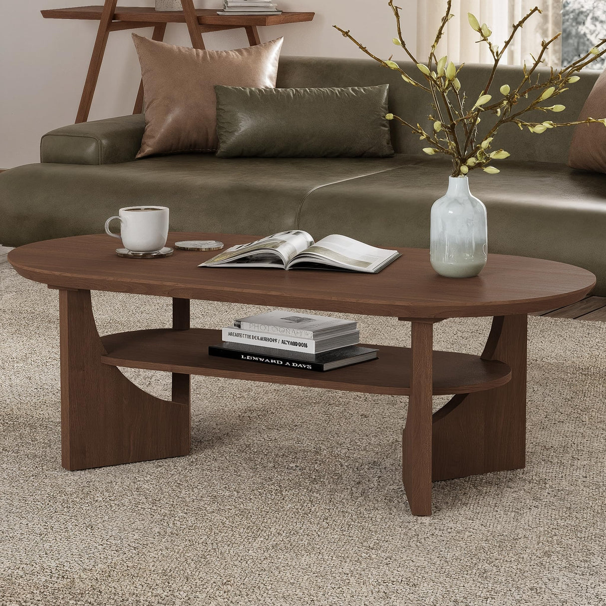 Vitalikus Mid Century Modern Coffee Table, 47" Oval Wood Coffee Tables for Living Room, 2 Tier Curved Round Center Table with Storage Shelf & Sturdy Base, Minimalist Retro Tea Tables, Walnut Vitalikus
