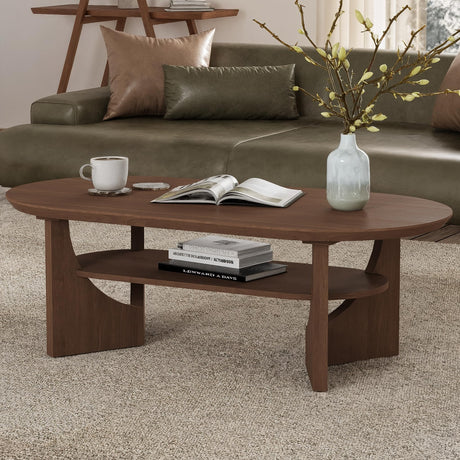 Vitalikus Mid Century Modern Coffee Table, 47" Oval Wood Coffee Tables for Living Room, 2 Tier Curved Round Center Table with Storage Shelf & Sturdy Base, Minimalist Retro Tea Tables, Walnut Vitalikus