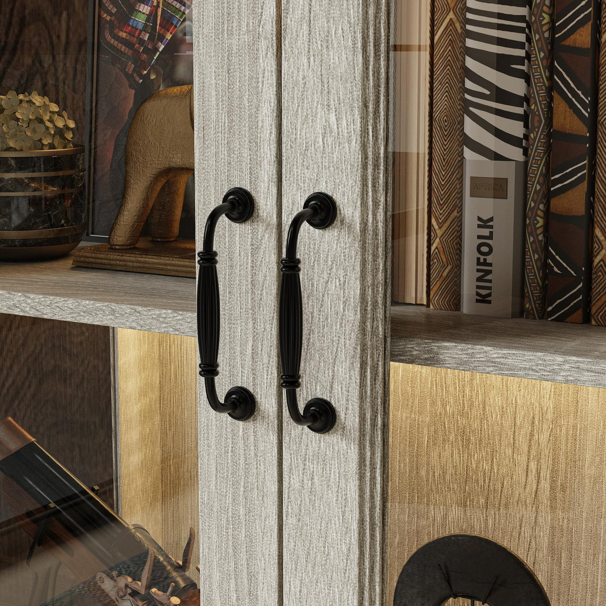 FUNISIR Display Cabinet with 2 Glass Doors, Curio Cabinet with LED Light & 4-Tier Storage Shelves for Collectibles, 37" W Glass Display Case for Living Room, Home Office, Grey Oak FUNISIR