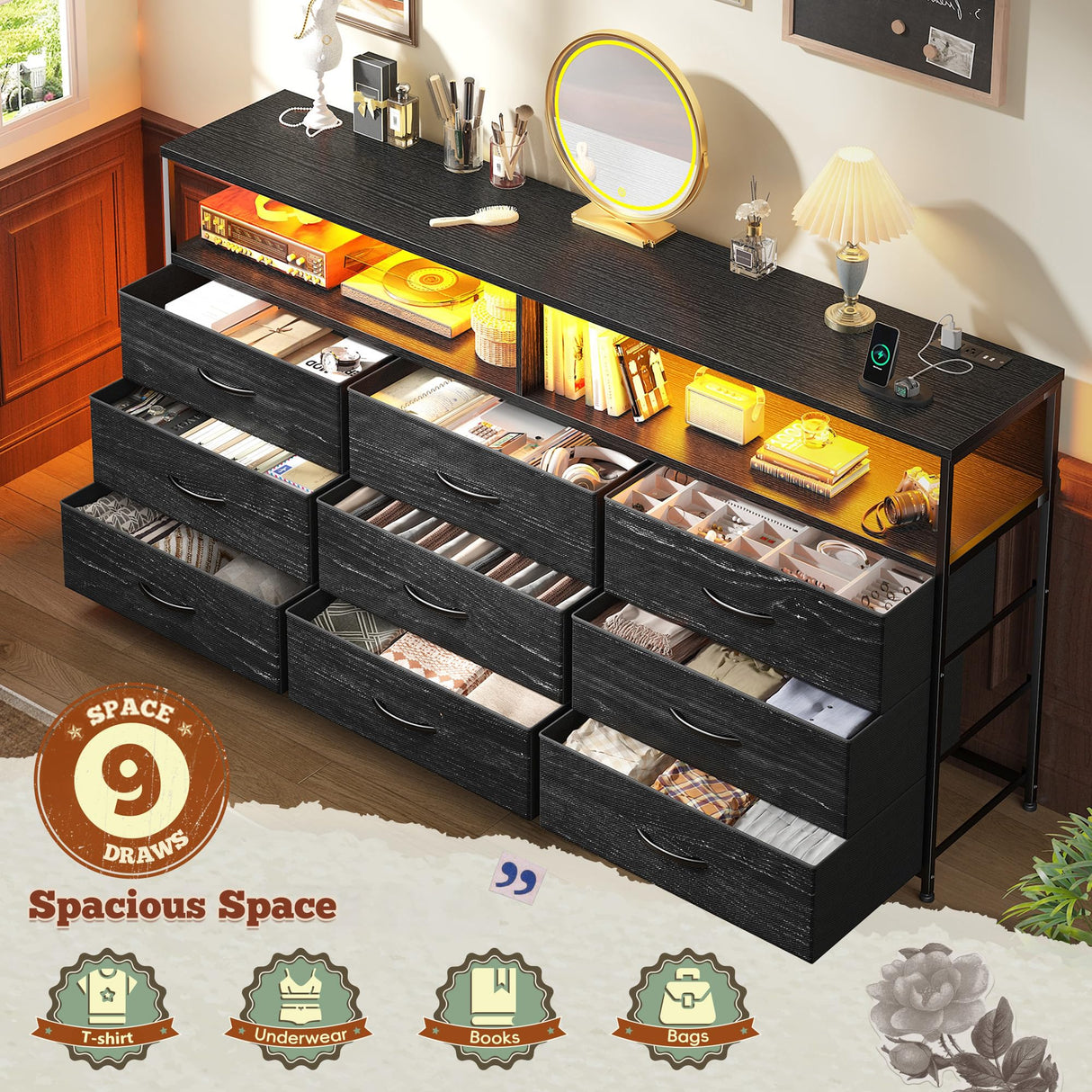 Romorgniz 55" W Dresser for Bedroom with 9 Drawers, LED TV Stand with Power Outlets for 45, 55, 65 Inch TV, Sturdy Long Chest of Drawers with Extra 2 Wooden Shelves, Grain Black Romorgniz