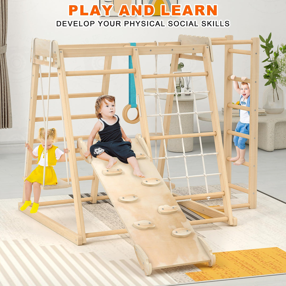 Jungle Gym, Toddler Climbing Toys, Indoor Playground Climbing Toys for Toddlers, Montessori Style Playground Sets for Backyards with Slide, Climbing Wall, Rope Wall Climber, Monkey Bars, Swing Wofafa