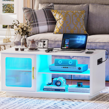 Gurexl LED Coffee Table with Charging Station, Auto Sensor 3 Color Dimmable Dining Table with Large Storage Cabinet for Living Room,Cocktail Table with USB Ports and Power Outlets Gurexl