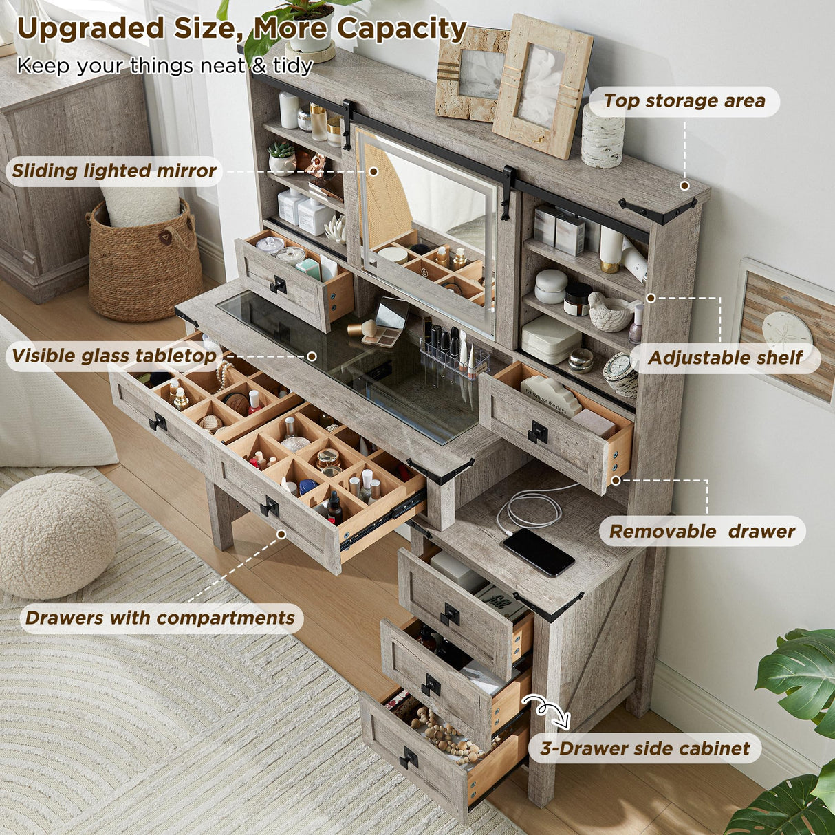 T4TREAM 48'' Farmhouse Makeup Vanity Desk with Sliding HD Mirror and Lights, Big Modern Lighted Vanity Table with 7 Drawers & Shelves, Rustic Large Dressing Table for Bedroom, Light Rustic Oak T4TREAM