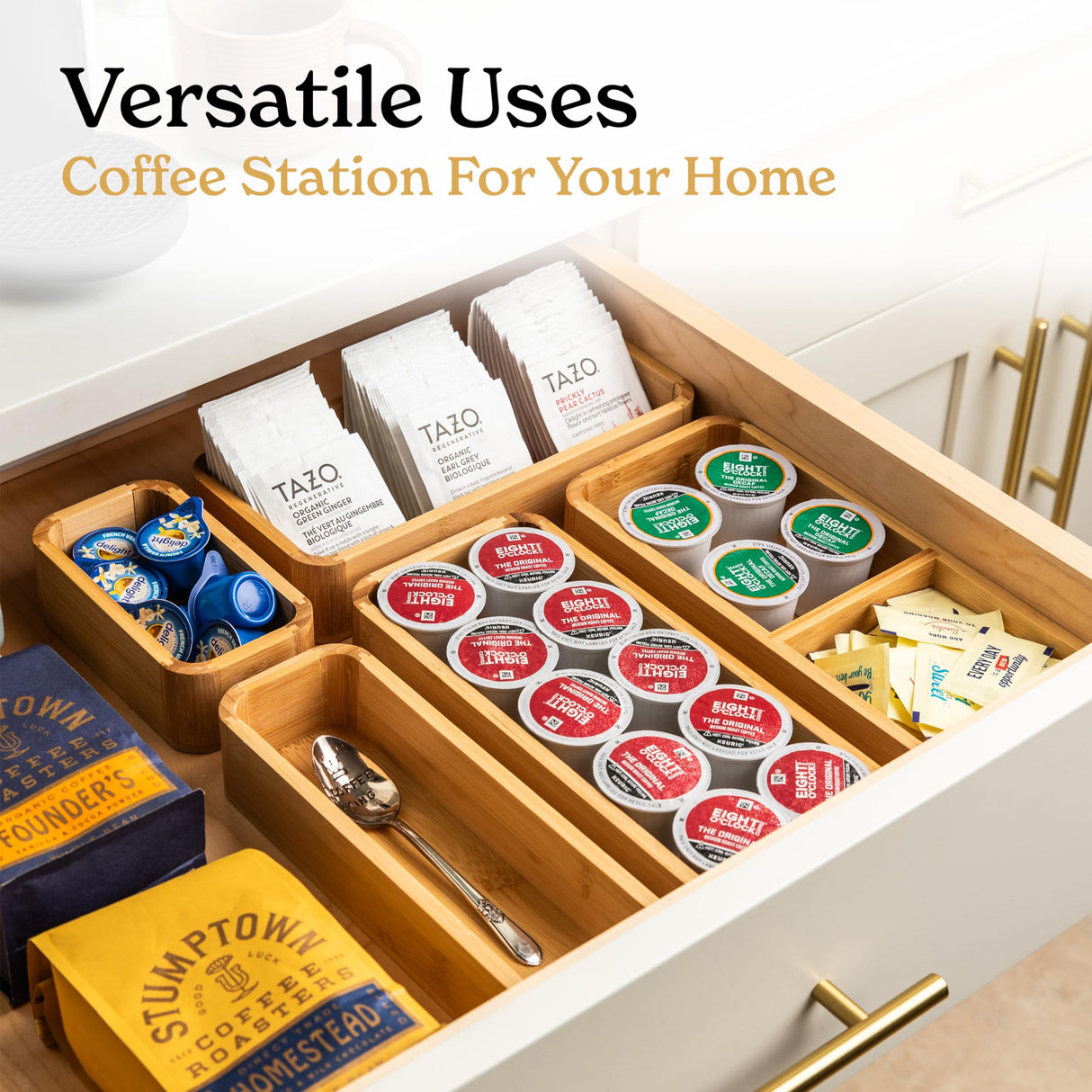 SMIRLY 5-Piece Bamboo Kitchen Drawer Organizer Set for Large and Small Utensils, Multi-use Storage Box - Bathroom, Nightstand, Jewelry, Cutlery, Knife, Spice, Towel, Junk Drawer Tray SMIRLY