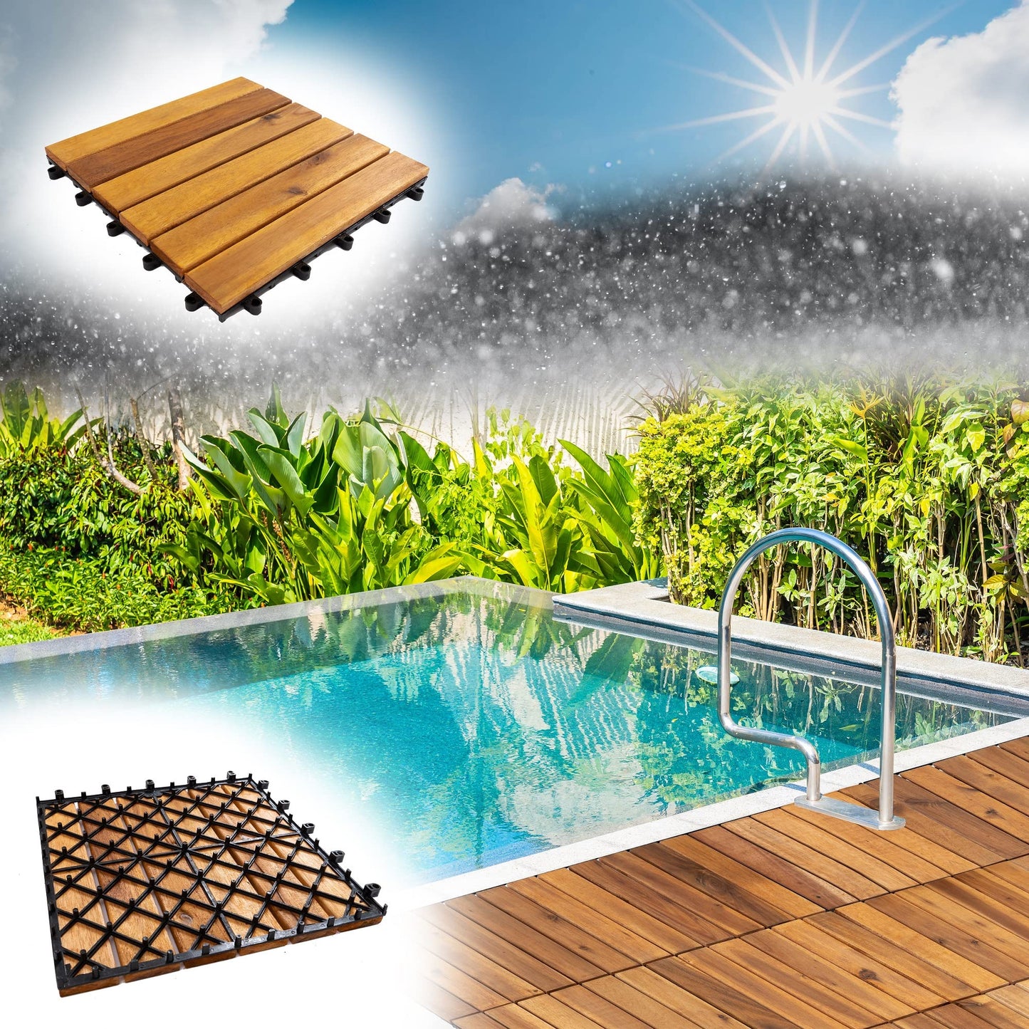 YAMAZING 12”x12” Solid Wood Interlocking Flooring Tiles (Pack of 9), Acacia Hardwood Deck Tiles, Floor Tile for Both Indoor & Outdoor Use, Patio Garden, Waterproof All Weather, 6 Slat (9 Sq F - WoodArtSupply