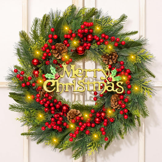 Dolicer Christmas Wreath Decorations - 24" Christmas Wreaths for Front Door with Lights, Pre-lit Artificial Winter Wreath with Red Berries Pine Needles for Indoor Outdoor Window Wall Decorations