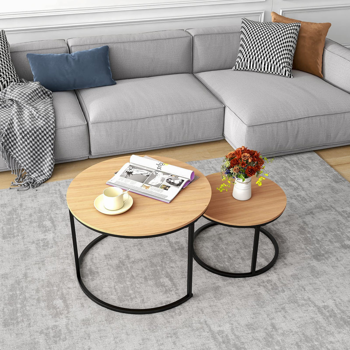 HOJINLINERO Industrial Round Coffee Table Set of 2 End Table for Living Room,Stacking Side Tables, Sturdy and Easy Assembly,Wood Look Accent Furniture with Metal Frame,Black+Teak OAKDK HOJINLINERO