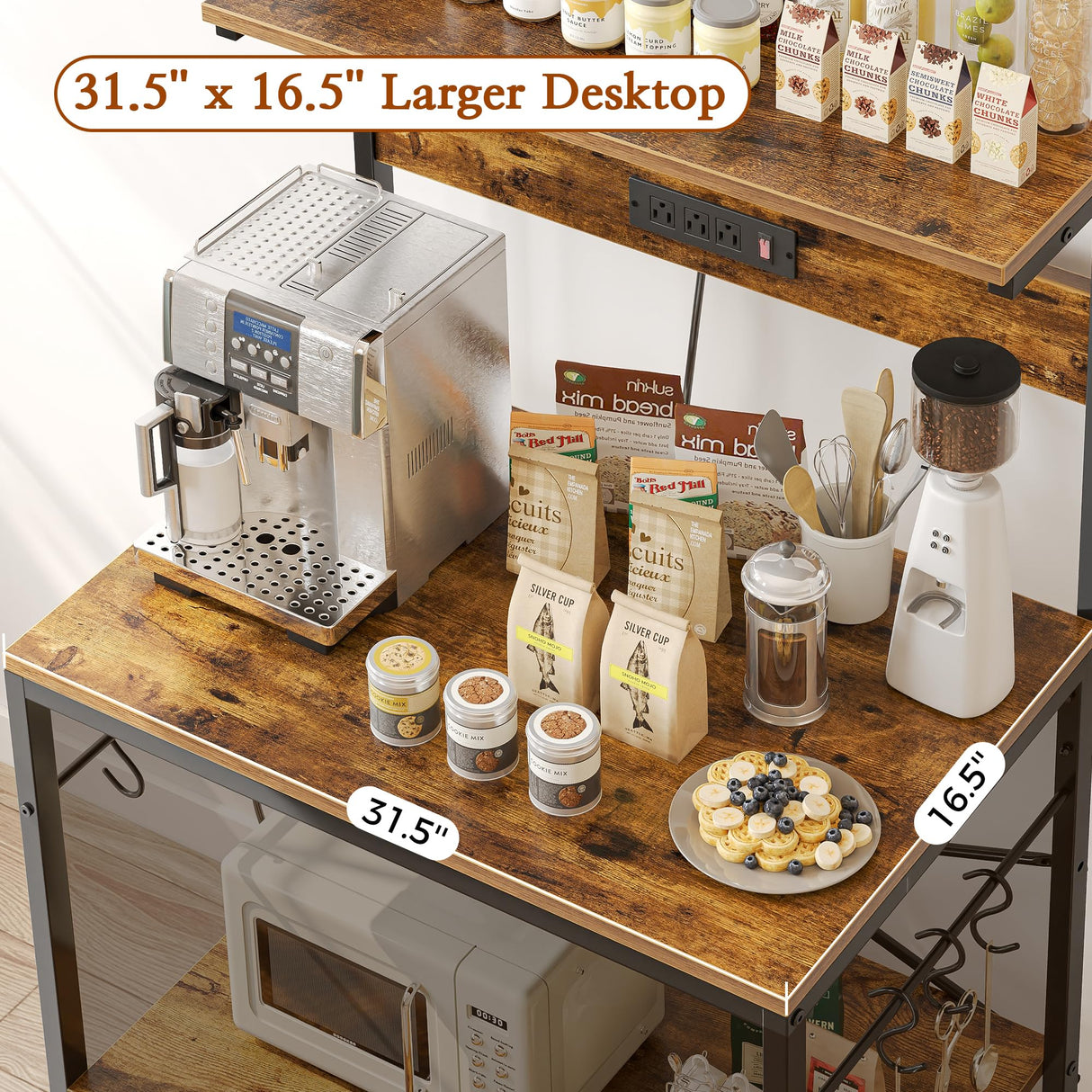 SUPERJARE Bakers Rack with Power Outlets, Microwave Stand, 31.5 X 16.5 Inch Larger Desktop, Kitchen Storage Rack with Adjustable Middle Shelf, 6 S-Shaped Hooks, Coffee Bar Stand, Rustic Brown SUPERJARE