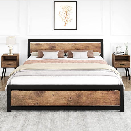 GAOMON Industrial King Size Bed Frame with Wooden Headboard and Sturdy Slat Support GAOMON
