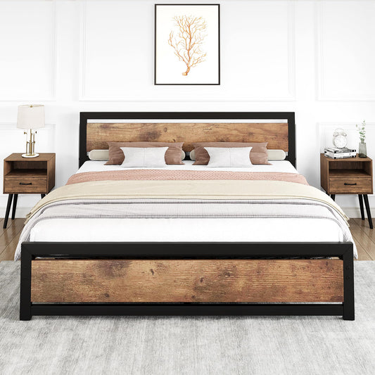 GAOMON Industrial King Size Bed Frame with Wooden Headboard and Sturdy Slat Support - WoodArtSupply