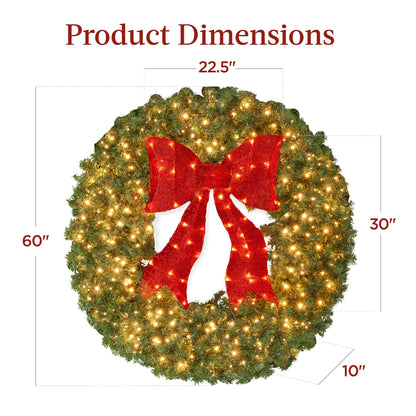 Best Choice Products 60in Large Artificial Pre-Lit Fir Christmas Wreath Holiday Accent Decoration for Door, Mantel w/Red Lighted Bow, 375 LED Lights, 930 PVC Tips, Power Plug-in