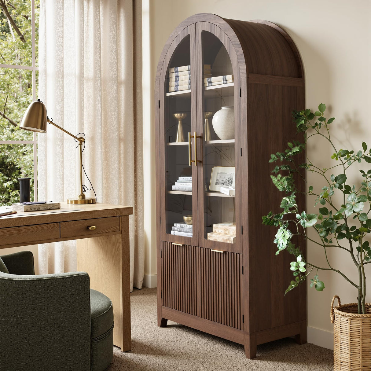 win2win Tall Arched Cabinet with Glass Doors, 68.9" Pantry Storage Cabinets with Fluted Doors & Adjustable Shelves, Mid Century Modern Wood Display Bookcase for Kitchen, Living Room, Bathroom, Walnut win2win