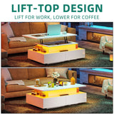 YITAHOME LED Lift Top Coffee Tables for Living Room, High Glossy Coffee Table with Storages 4 Spacious Drawers, Modern Rectangle Coffee Tables Small Center Table for Home Office, Glossy White YITAHOME