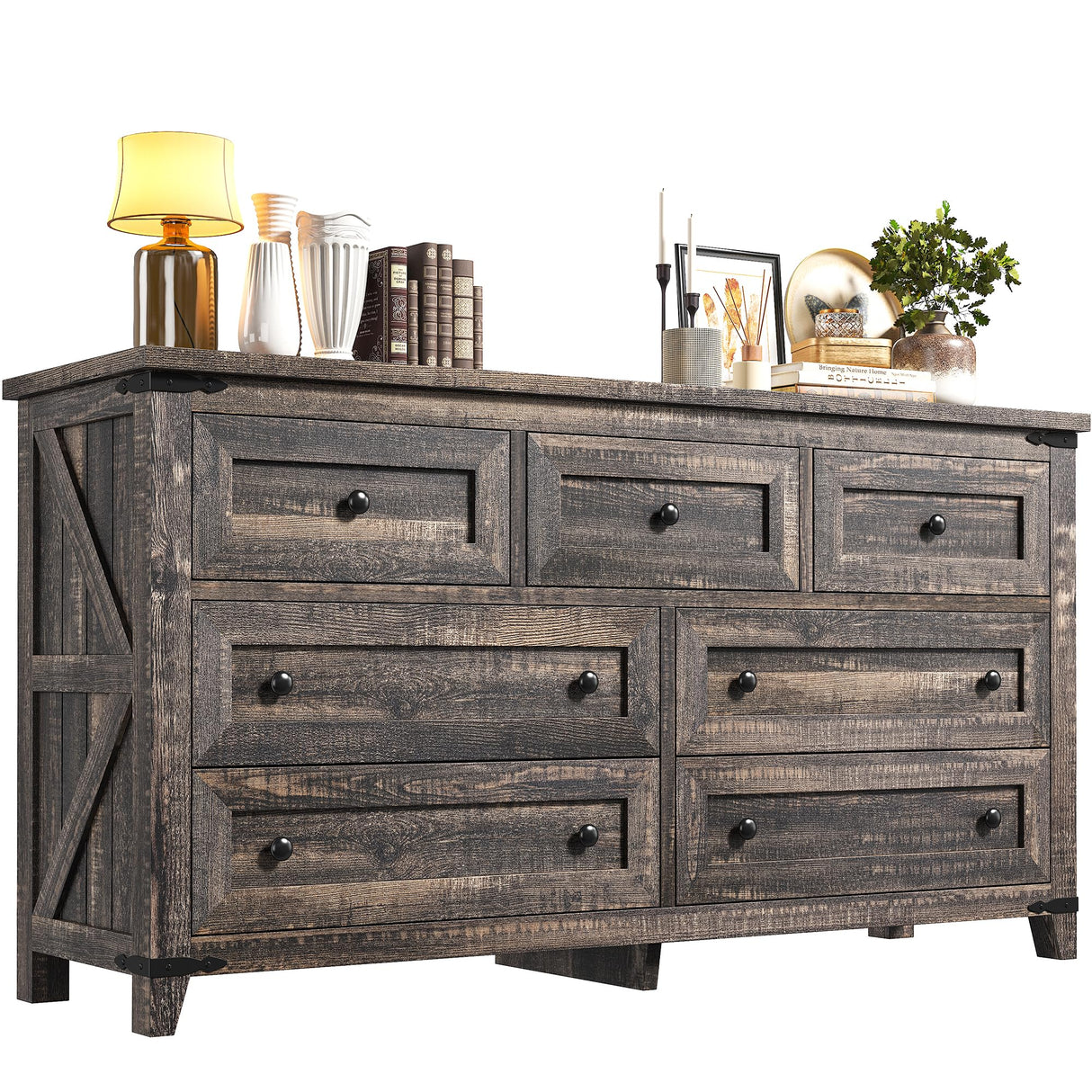 EnHomee Dresser for Bedroom with 7 Drawers Wood Dresser with Smooth Metal Rail Long Dressers & Chests of Drawers Farmhouse Dresser for Bedroom Dresser TV Stand for Bedroom, Closet, Dark Rustic Oak EnHomee