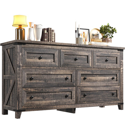 EnHomee Dresser for Bedroom with 7 Drawers Wood Dresser with Smooth Metal Rail Long Dressers & Chests of Drawers Farmhouse Dresser for Bedroom Dresser TV Stand for Bedroom, Closet, Dark Rustic Oak