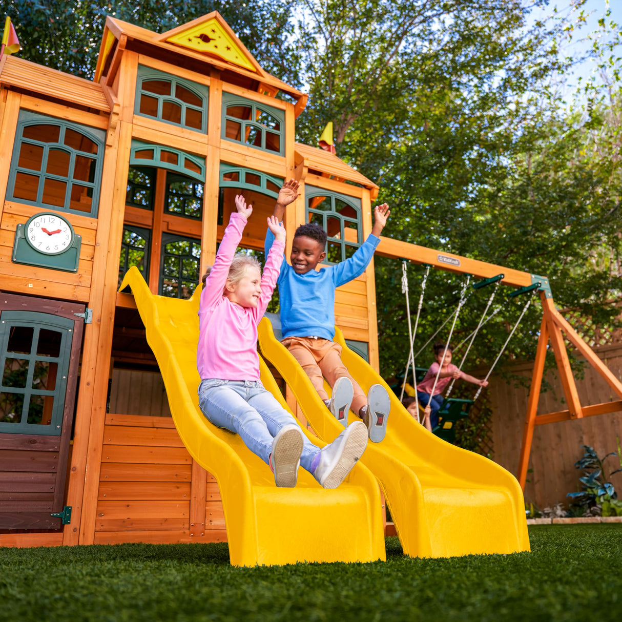KidKraft Atlas Point Wooden Outdoor Swing Set/Playset with Kitchen, Slides and Glider KidKraft