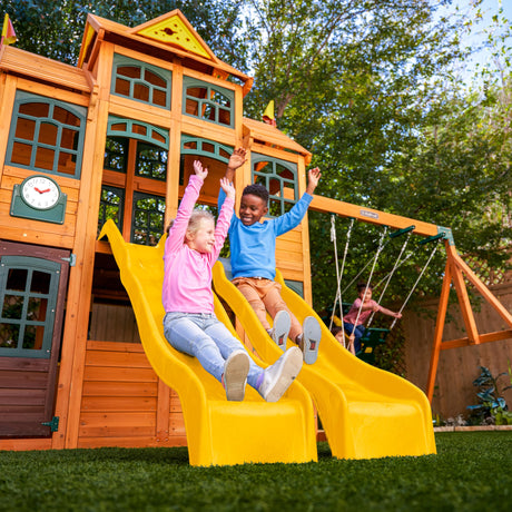 KidKraft Atlas Point Wooden Outdoor Swing Set/Playset with Kitchen, Slides and Glider KidKraft