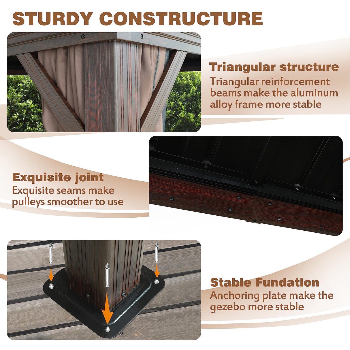 MUPATER 12 x 20 FT Gazebo, Wooden Finish Coated Aluminum Frame, with Double Galvanized Steel Hardtop Roof, Netting and Curtains for Garden, Patio Lawn and Parties MUPATER