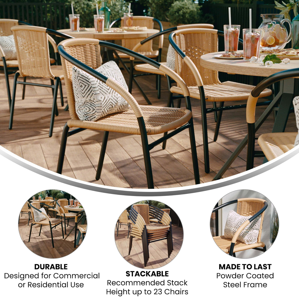 EMMA + OLIVER Set of 4 Modern Rattan Indoor/Outdoor Stack Chairs, Stacking Rattan Patio Chairs with Curved Back and Cross Bracing, Beige EMMA + OLIVER