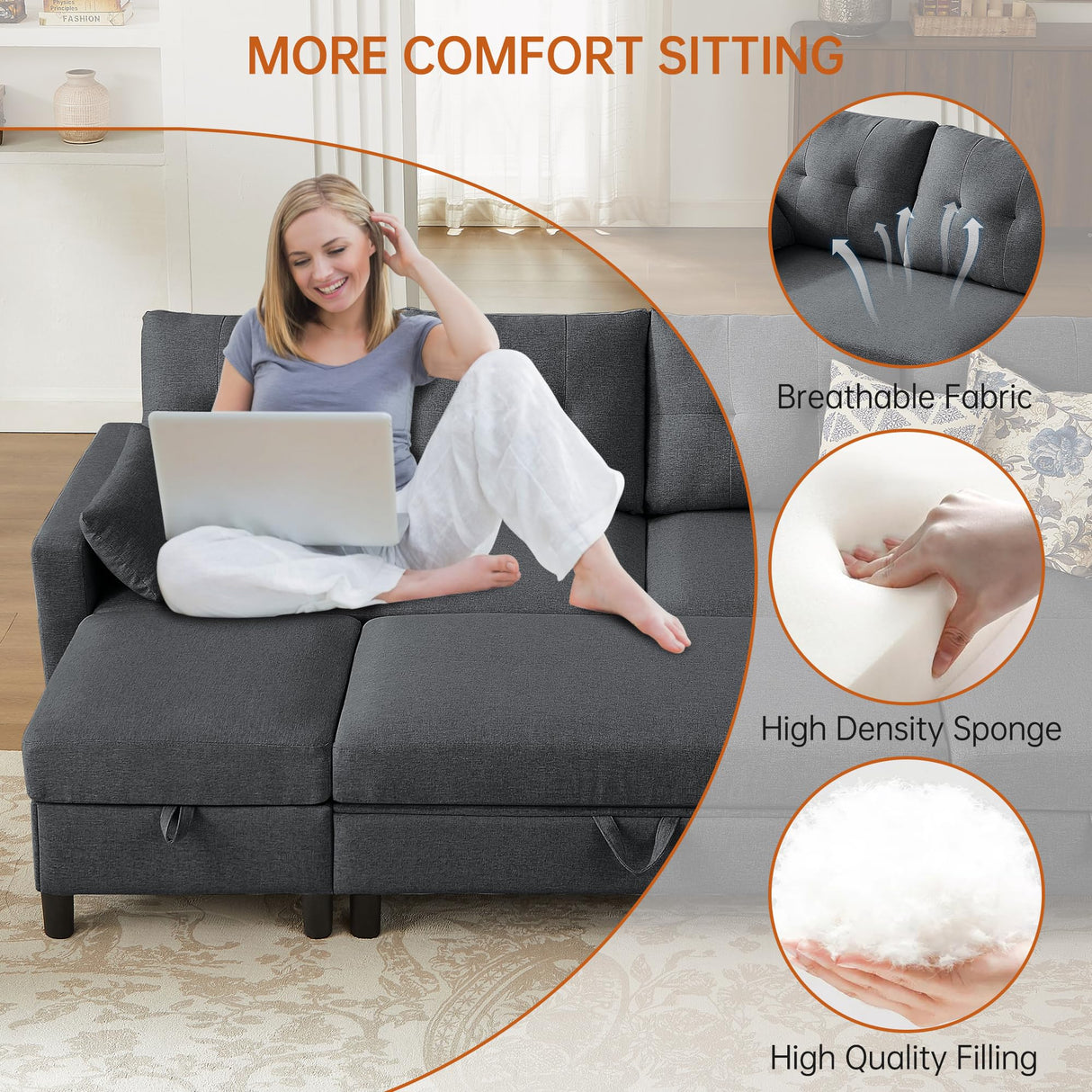 Convertible Sectional Sleeper Sofa with Storages, 100" U Shaped 4 Seater Couch with 2 Movable Ottomans and 1 Ottoman Bench Polyester Fibre for Living Room, Dark Grey Soscana