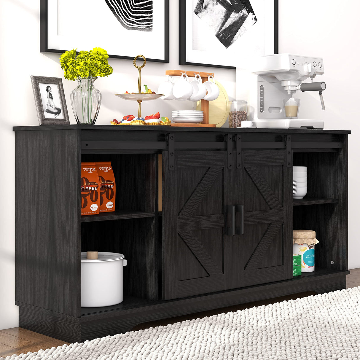 Panana Bar Cabinet with Barn 2 Sliding Doors Buffet Farmhouse Storage Cabinet TV Stand (Black) Panana