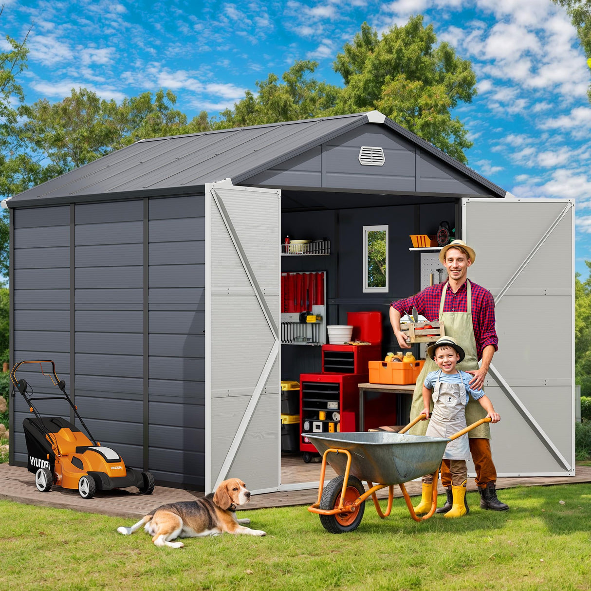 DWVO 8x9FT Outdoor Storage Shed w/o Floor, All-Weather Plastic Shed with Lockable Doors, Window & Vents, Plastic Tool Shed for Backyard, Patio, Poolside, Lawn, Gray DWVO