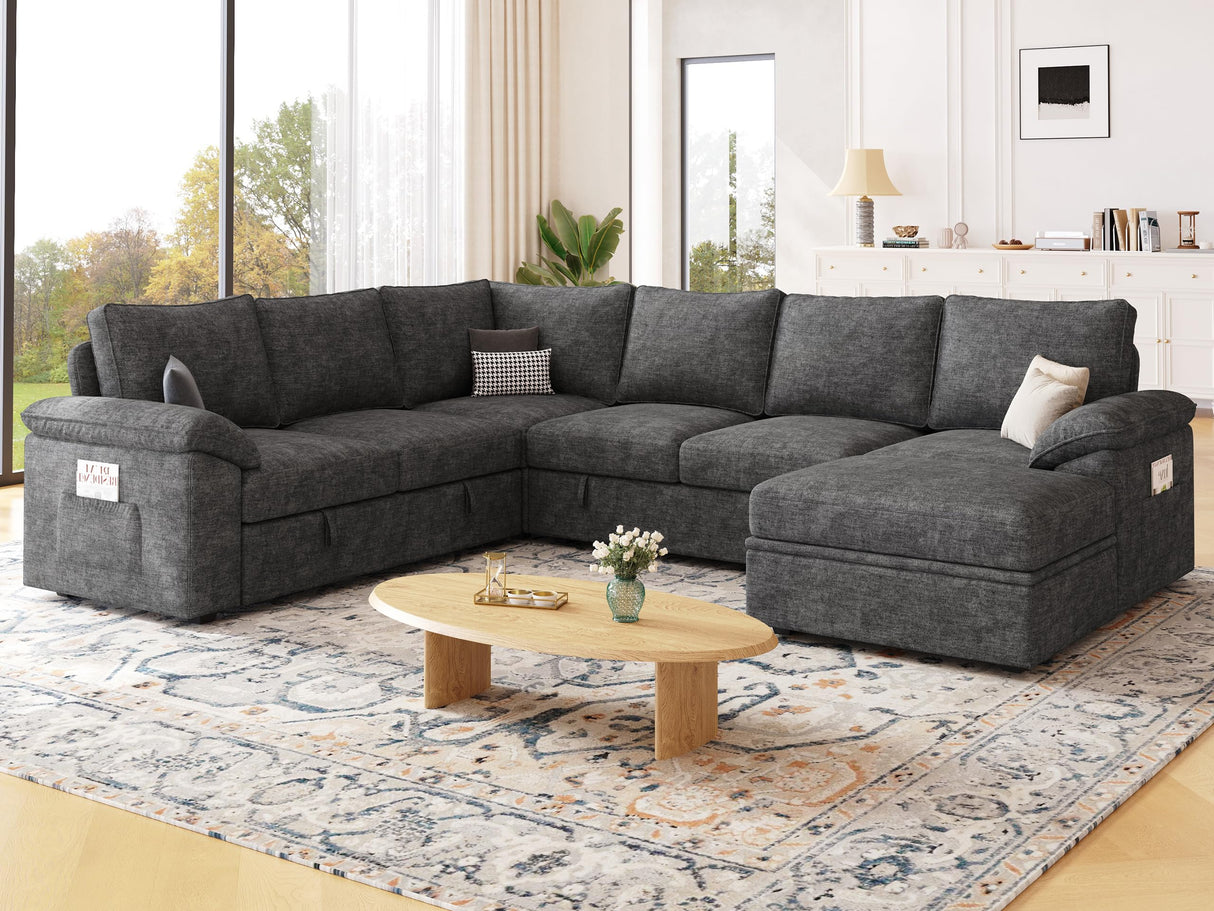 SUAWY 108 Inch Sectional Sleeper Sofa with Pull Out Bed,U Shaped 7 Seat Modular Sectional Sofa with Storage,Sectional Couches for Living Room,Cloud Modular Couch,Removable Sofa Cover,Dark Grey SUAWY