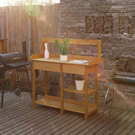 MUPATER Potting Bench Garden Table for Outdoors with Removable Stainless Sink, Planting Work Bench with Storage Shelves and Drawer, Natural Wood MUPATER