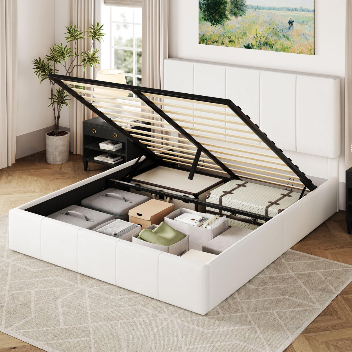 Allewie Queen Size Velvet Lift Up Storage Bed Frame, Vertical Channel Tufted Headboard, Hydrualic Underneath Storage, Upholstered Platform Bed, Wooden Slats Support, No Box Spring Needed, White Allewie