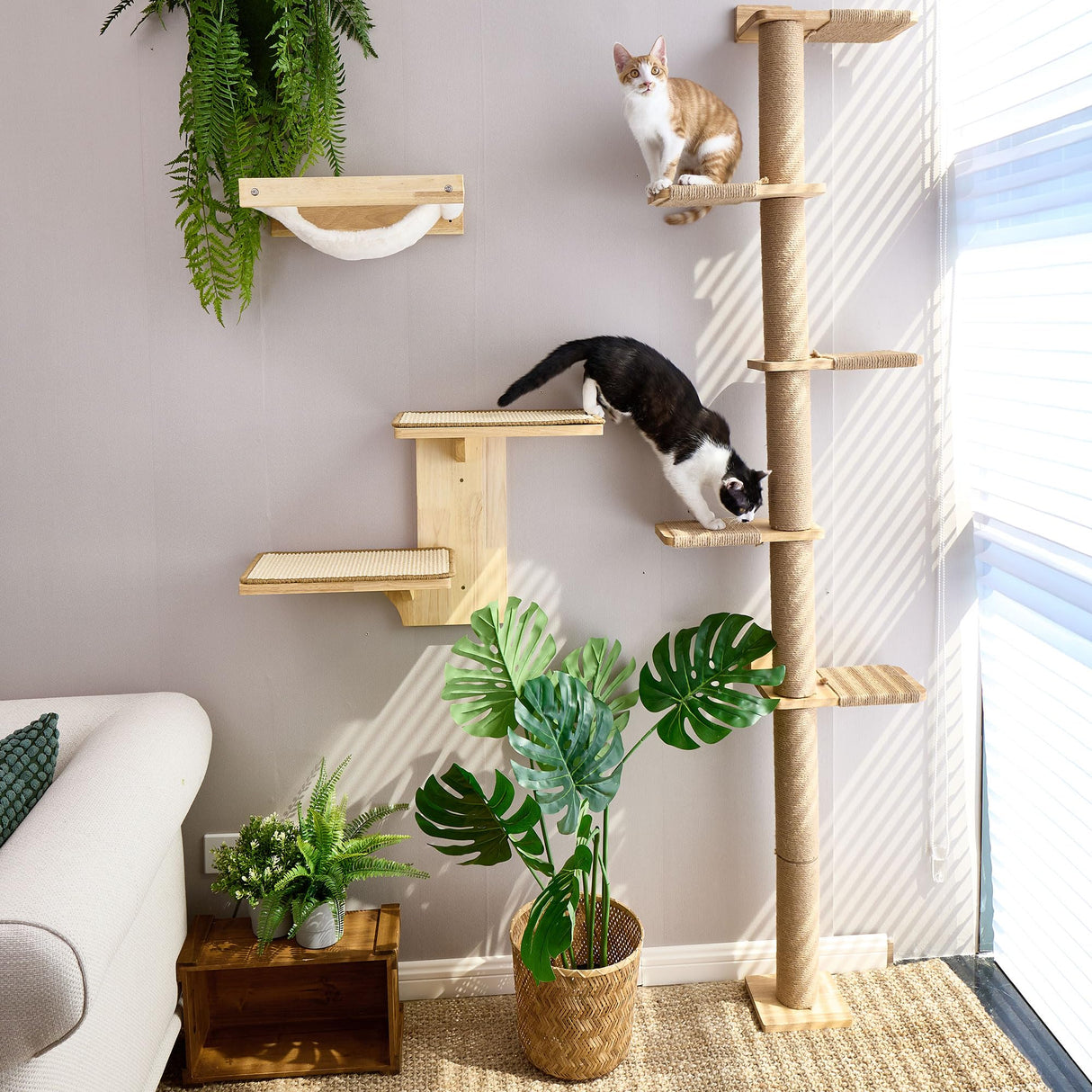 FUKUMARU Tall Cat Tree, 5 Tier Floor to Ceiling Cats Tower, Wall-Mounted Kitten Scratching Post, Wild Simulation Kittens Wall Shelves, Suitable for Climb, Scratch, Lookout and Play FUKUMARU