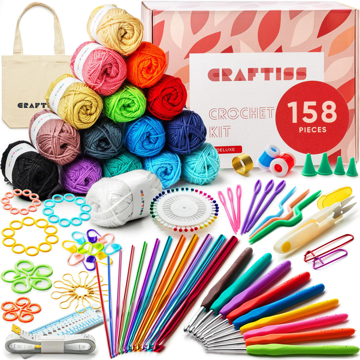 CRAFTISS Crochet Kit for Beginners with 40 Video Tutorials, 158 Pcs with 16 Colors of Acrylic Yarn Skeins, 1300 Yards Total – Learn to Crochet All-in-One Starter Crochet Set for Adults Beginner CRAFTISS