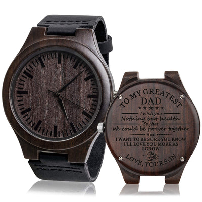 Fodiyaer Custom Engraved Wood Watch Gifts for Dad from Son As Personalized Christmas Birthday Father Day Wooden Gifts Idea with Cowhide Leather Strap